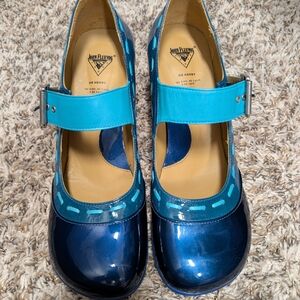 John Fluevog Blue Patent Leather Flats with Turquoise Strap